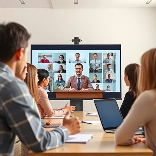 Participantes em uma aula online de oratória interagindo com o instrutor através de videoconferência, mostrando um ambiente de aprendizado colaborativo.