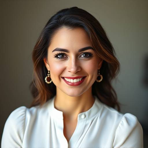 Retrato de Isabela Santos, instrutora de storytelling, com um olhar inspirador, vestindo uma blusa elegante e sorrindo gentilmente.