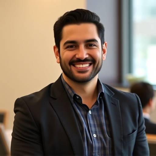 Retrato de Rafael Mendes, instrutor de oratória com um sorriso amigável, usando um blazer e uma camisa social.