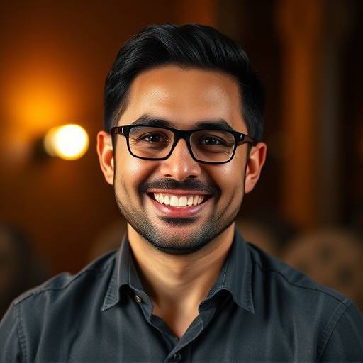 Retrato de Rafael Mendes, instrutor de oratória com um sorriso amigável.
