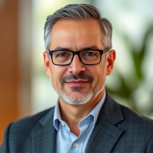 Retrato de Roberto Almeida, consultor de comunicaäão da Eloquência Brasileira, com um semblante profissional.